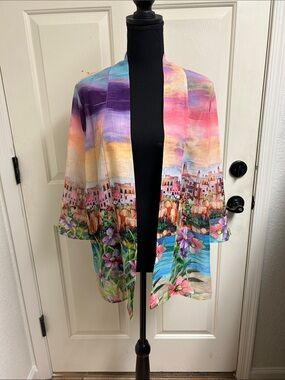 Chicos chiffon kimono jacket  view features a colorful seaside town, NWT